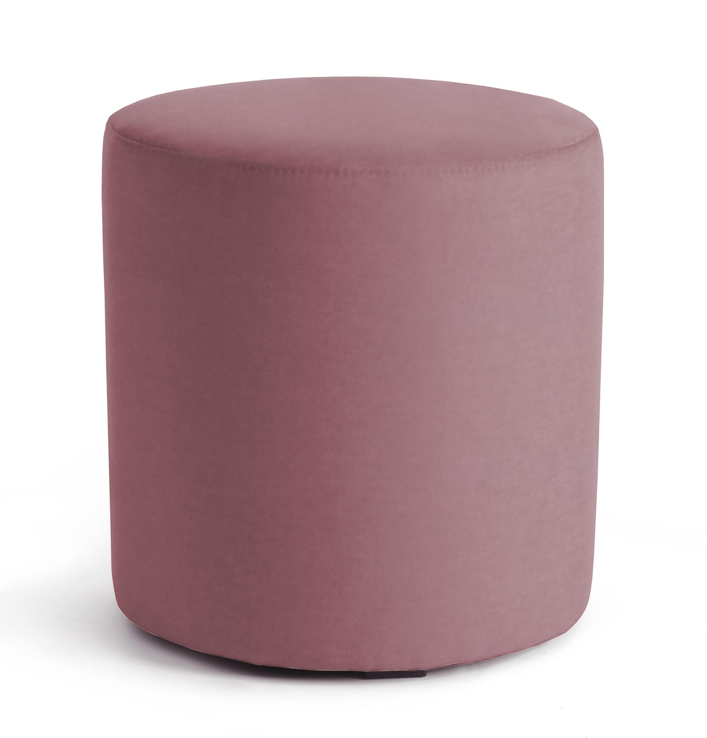 Różowa pufa Linsy Matt Velvet 63 w kształcie niskiego cylindra, obita aksamitną tkaniną, ustawiona na białym tle.