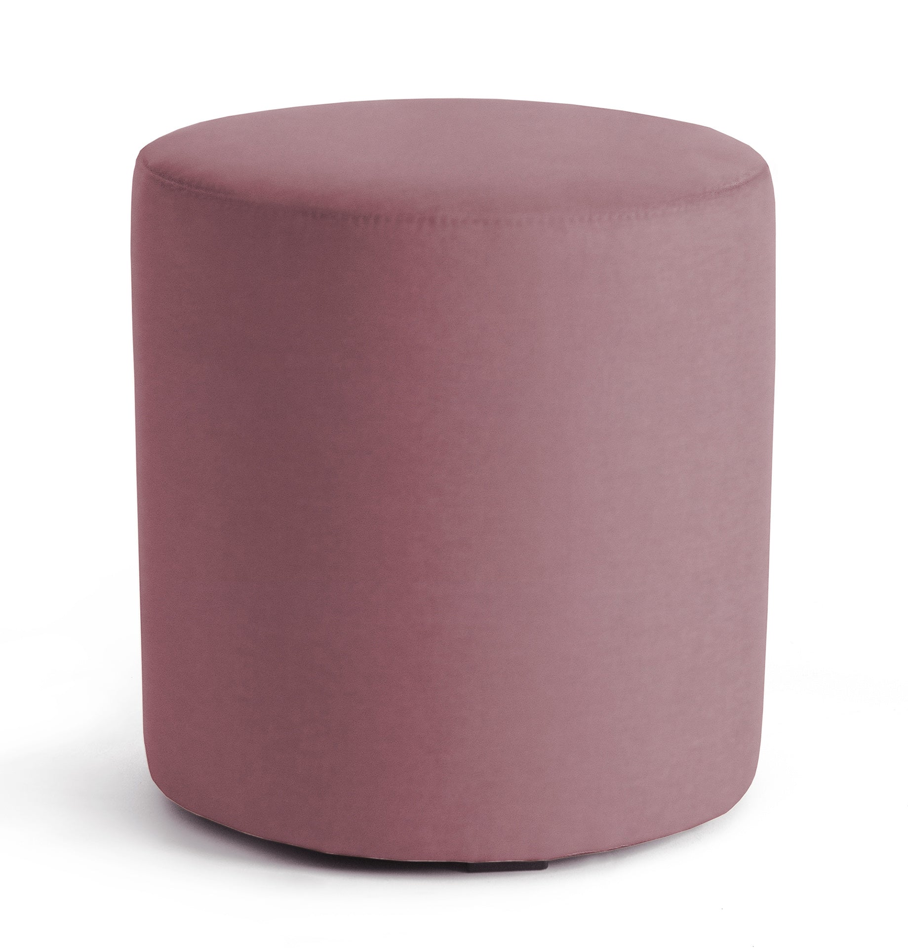 Różowa pufa Linsy Matt Velvet 63 w kształcie niskiego cylindra, obita aksamitną tkaniną, ustawiona na białym tle.