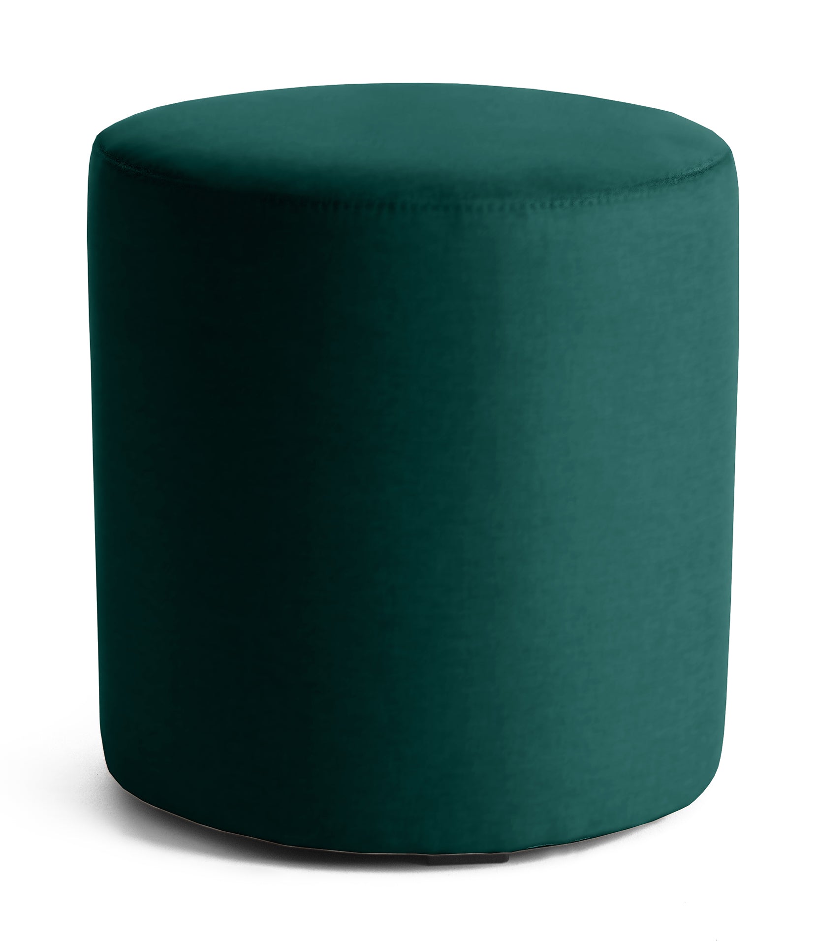 Zielona pufa Linsy Monolith 37 w kształcie niskiego cylindra, obita gładką tkaniną, ustawiona na białym tle.