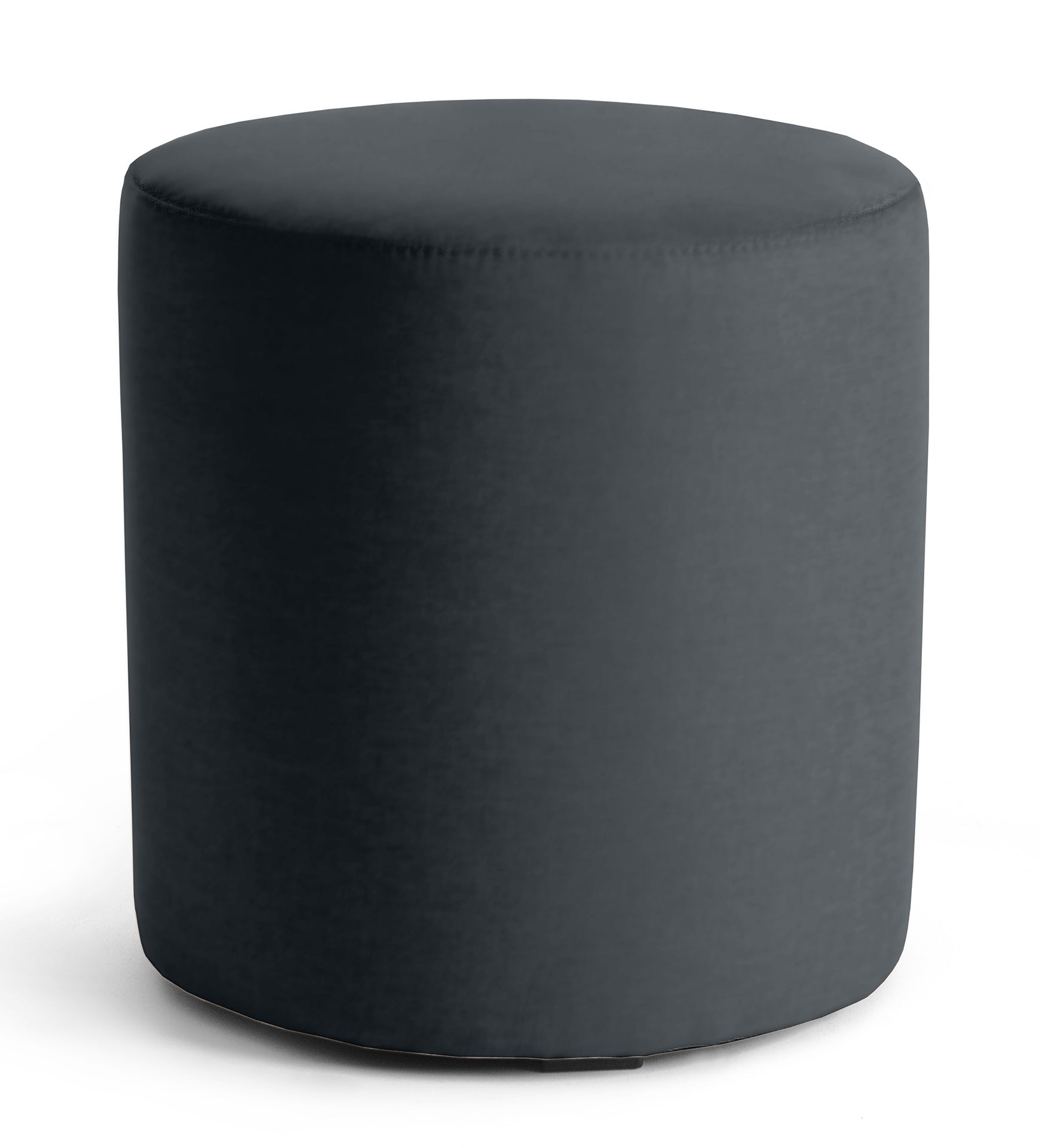Ciemnoszara pufa Linsy Monolith 97 w kształcie niskiego cylindra, obita gładką tkaniną, na białym tle.