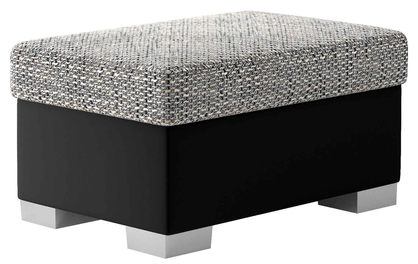 Pufa R4 w kolorze Berlin 01 szary i Soft 11 czarny, prostokątna, z siedziskiem tapicerowanym tkaniną strukturalną oraz czarną podstawą, prezentowana na białym tle.