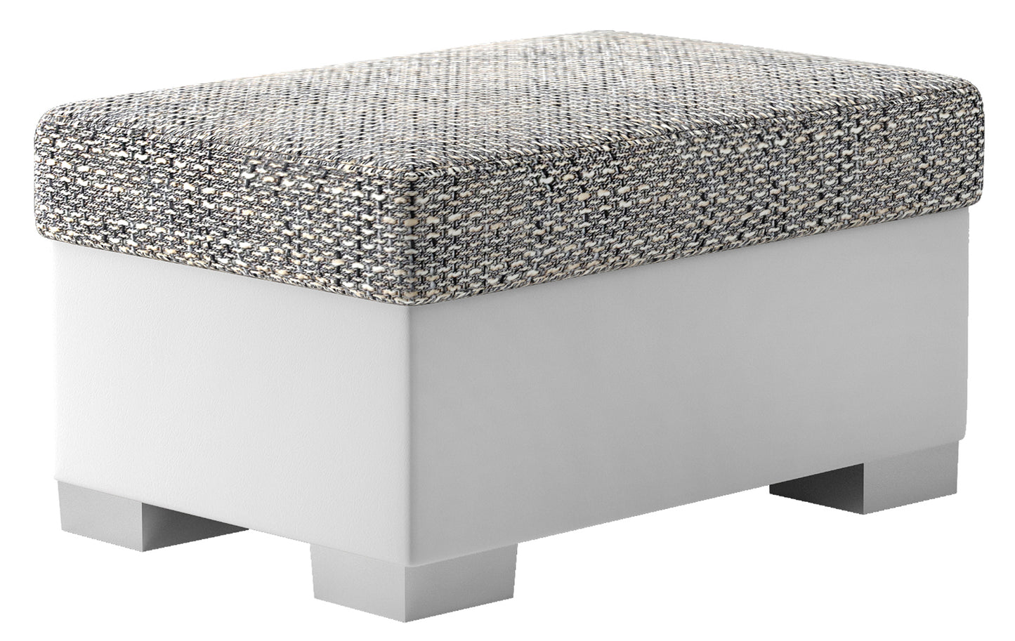 Pufa R4 w kolorze Berlin 01 szary i Soft 17 biały, prostokątna, z siedziskiem tapicerowanym tkaniną strukturalną oraz białą podstawą, prezentowana na białym tle.