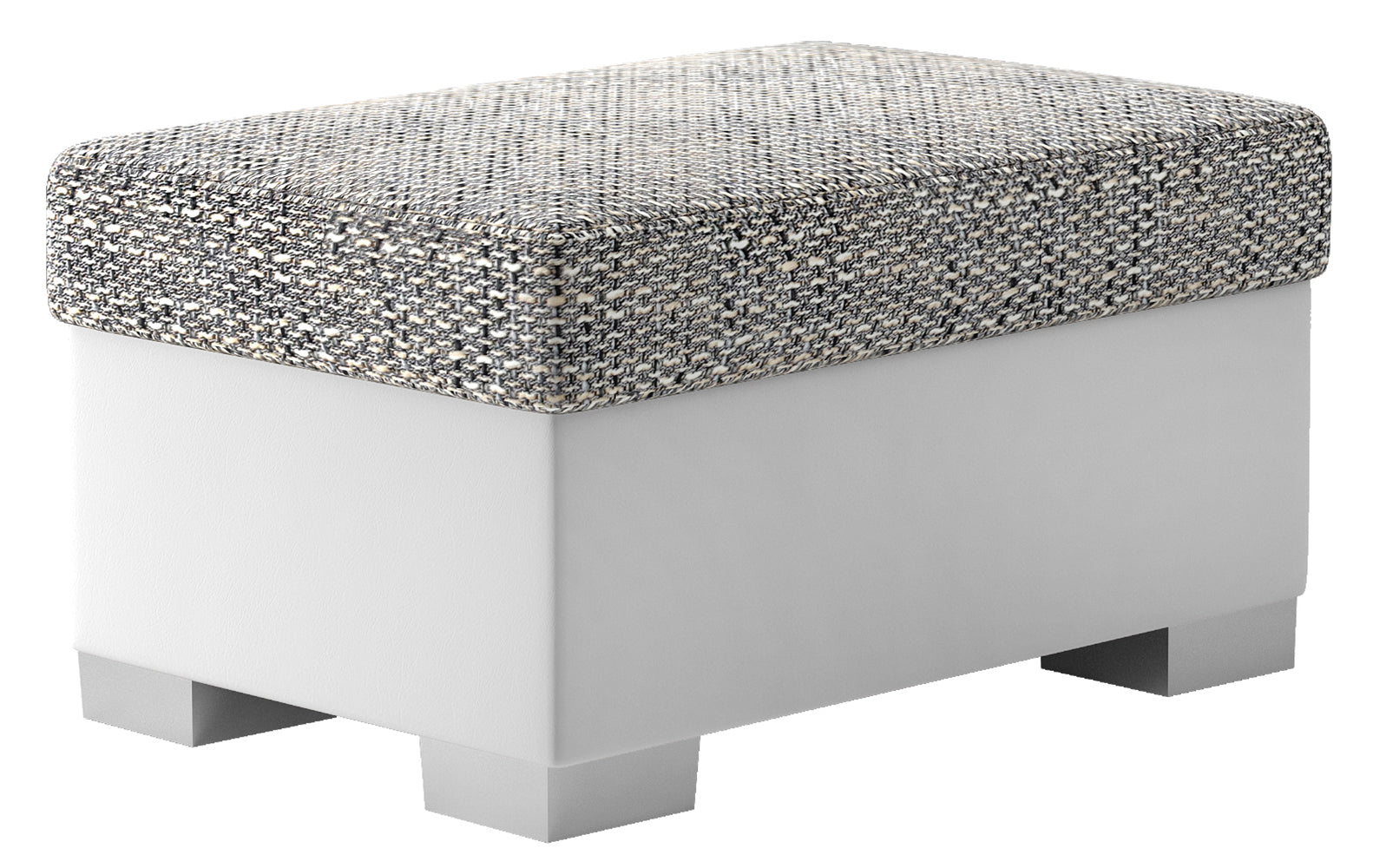 Pufa R4 w kolorze Berlin 01 szary i Soft 17 biały, prostokątna, z siedziskiem tapicerowanym tkaniną strukturalną oraz białą podstawą, prezentowana na białym tle.