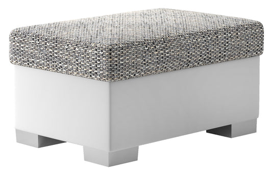 Pufa R4 w kolorze Berlin 01 szary i Soft 17 biały, prostokątna, z siedziskiem tapicerowanym tkaniną strukturalną oraz białą podstawą, prezentowana na białym tle.