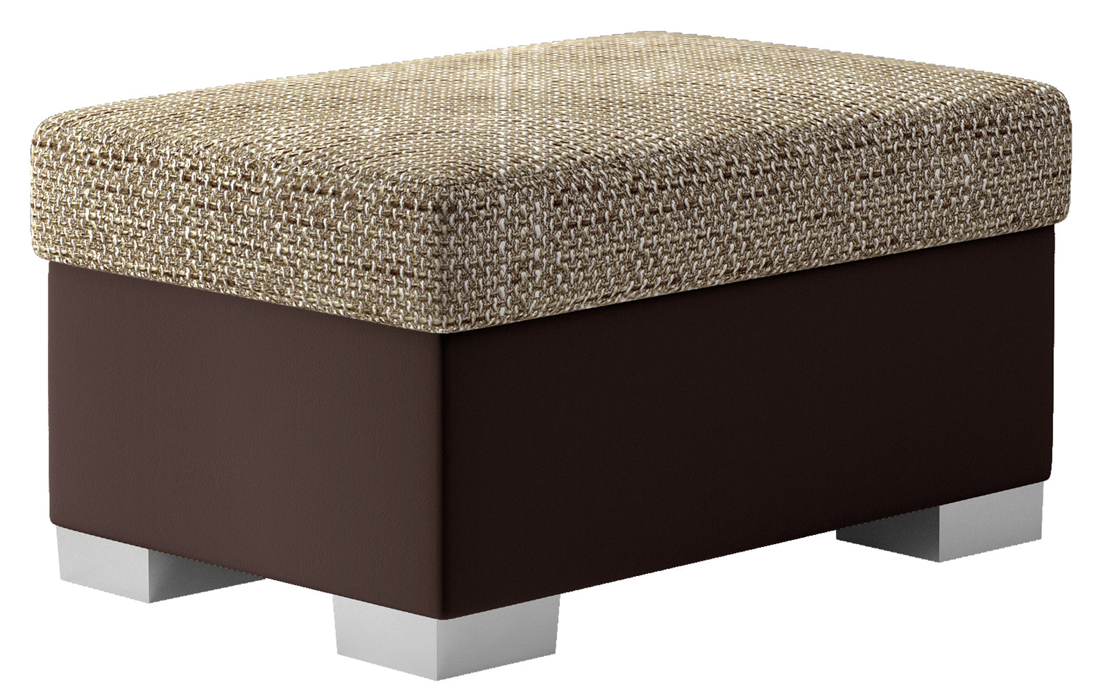 Pufa Lara w kolorze Berlin 03 ciemnobeżowy i Soft 66 brązowy, prostokątna, z siedziskiem tapicerowanym tkaniną strukturalną oraz brązową podstawą, prezentowana na białym tle.