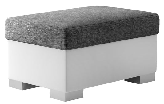 Pufa Lara w kolorze Sawana 05 ciemnoszary i Soft 17 biały, prostokątna, z siedziskiem tapicerowanym tkaniną plecioną oraz białą podstawą, prezentowana na białym tle.