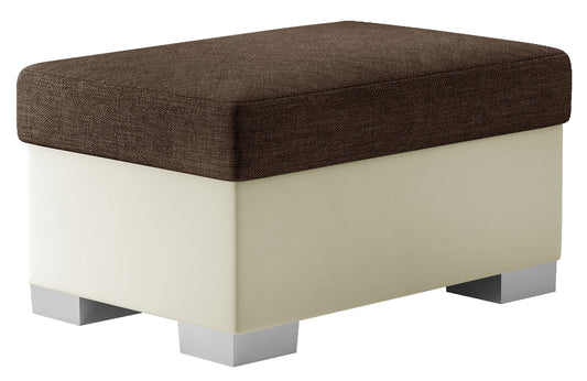 Pufa Lara w kolorze Sawana 16 brązowy i Soft 33 jasnobeżowy, prostokątna, z siedziskiem tapicerowanym tkaniną plecioną oraz jasnobeżową podstawą, prezentowana na białym tle.