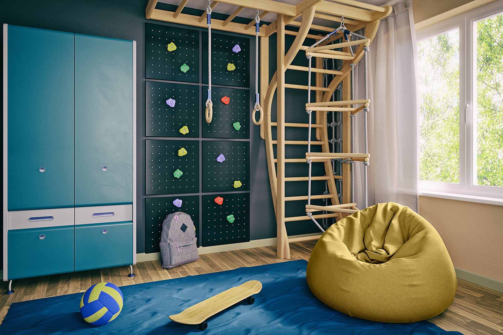 Pufa Como w kolorze Poco 50 żółtym w pokoju dziecięcym z ścianką wspinaczkową, drabinką gimnastyczną i niebieskim dywanem.