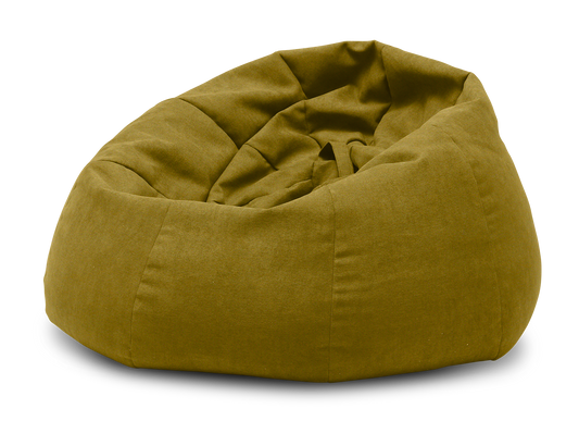 Pufa typu worek Como w tkaninie Poco 50 w kolorze żółtym, widok studyjny na białym tle.