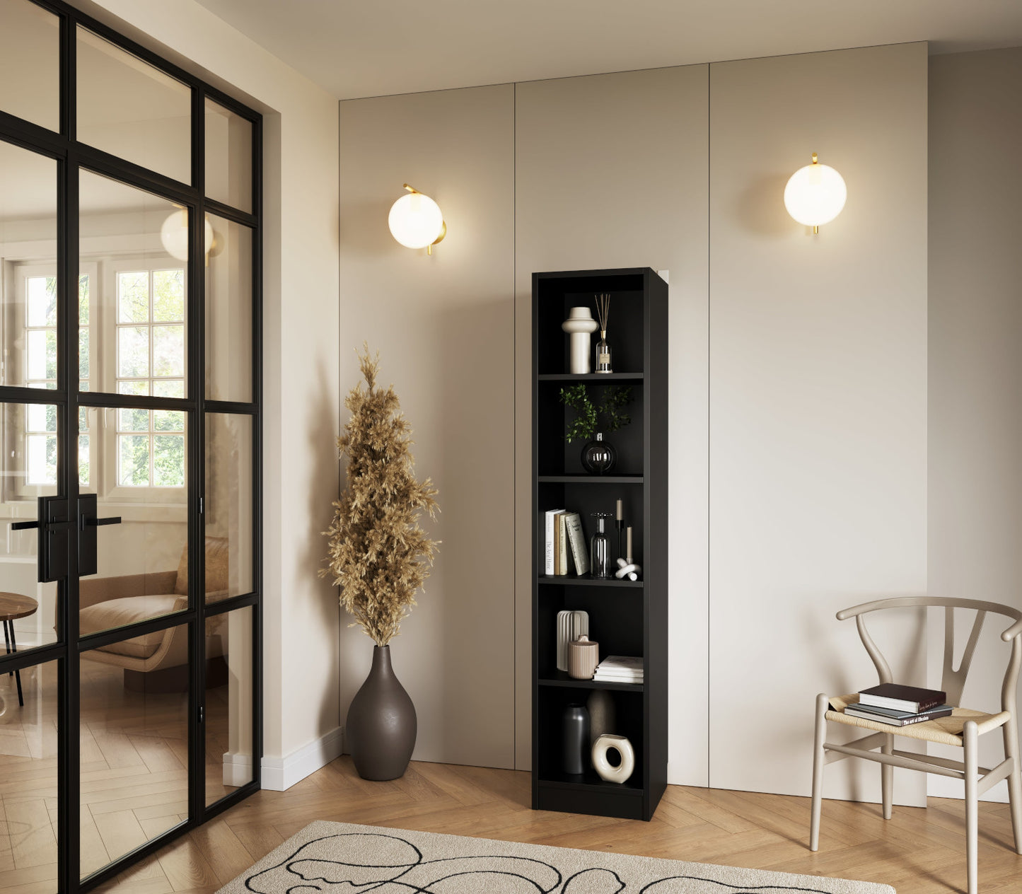 Czarny regał Craft pięciokomorowy w nowoczesnym salonie z dekoracjami i lampami