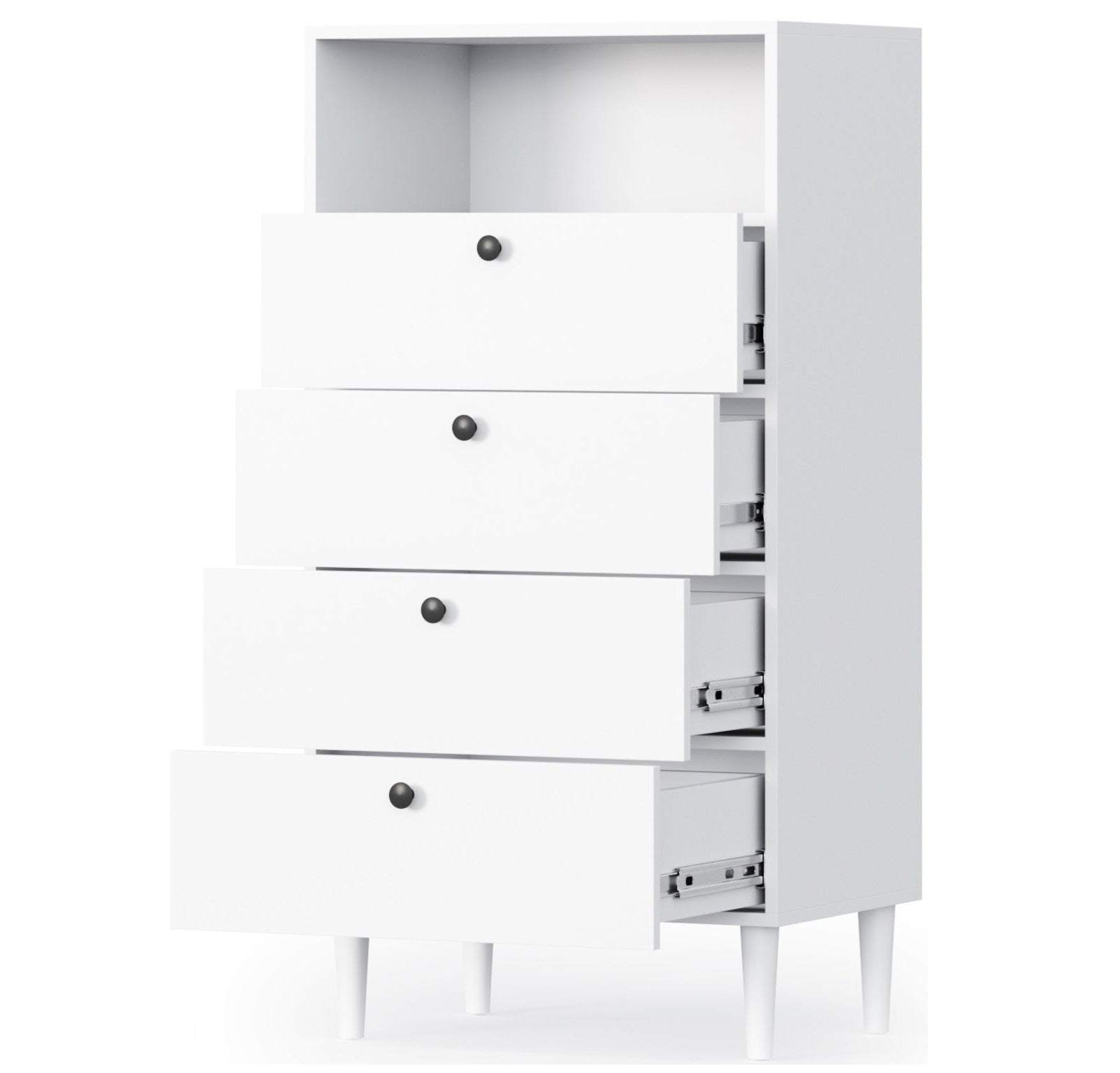 Regał Dullum w białym kolorze z częściowo wysuniętymi wszystkimi czterema szufladami – widok pod kątem.