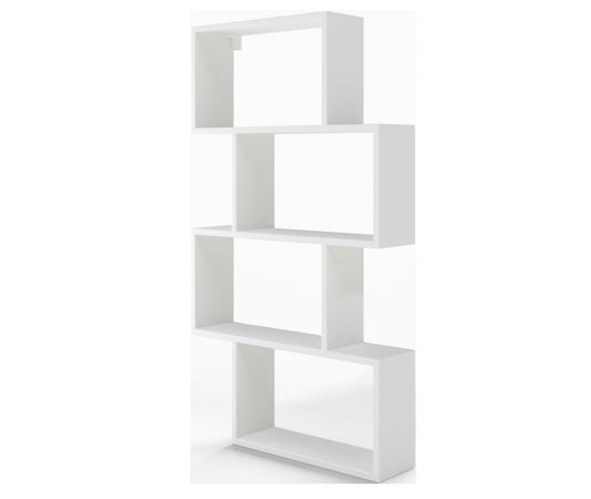 Biały regał Egurro o nowoczesnej formie z przesuniętymi segmentami, idealny do eksponowania książek i dekoracji.