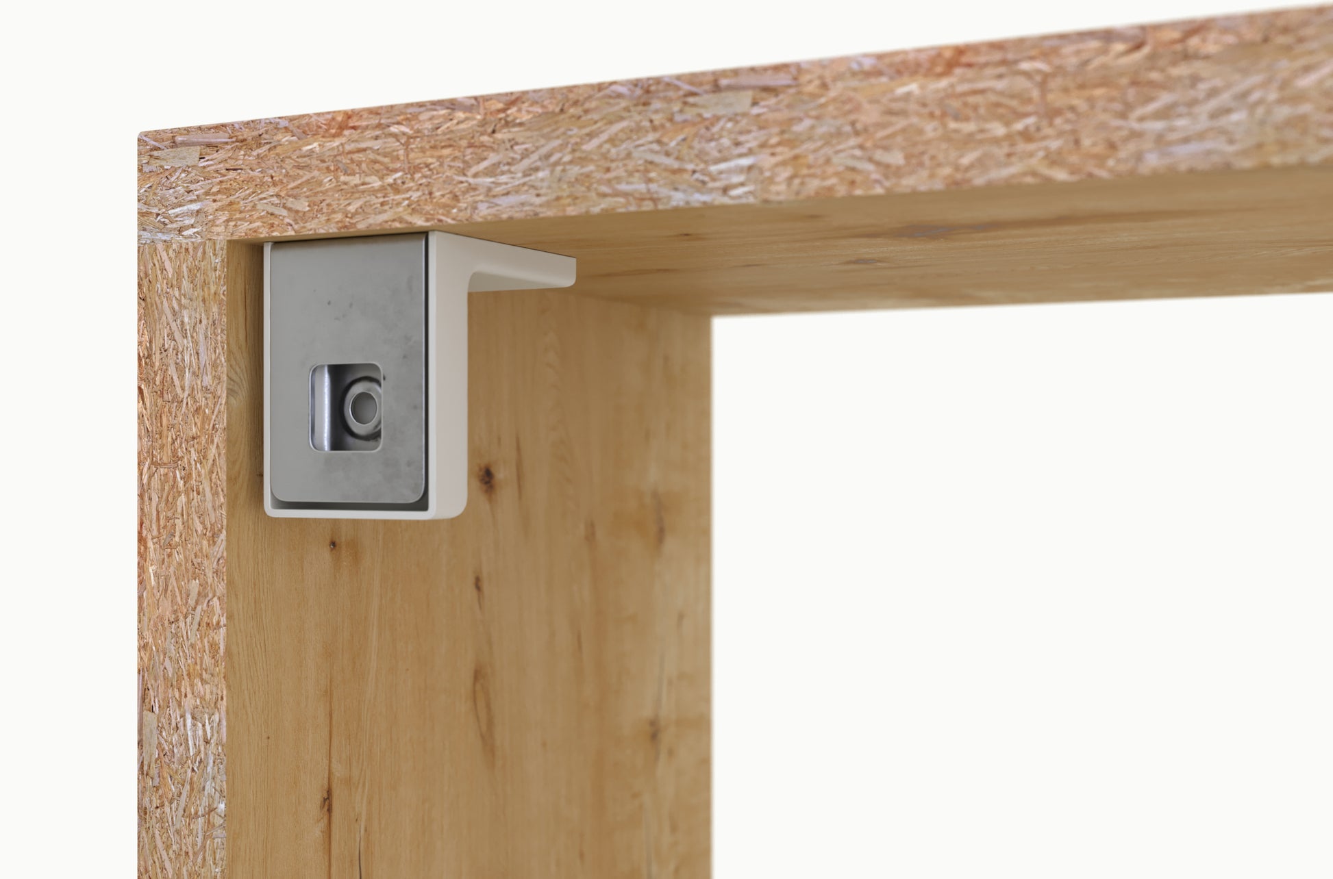 Zbliżenie na mocowanie regału Egurro – metalowy wspornik stabilizujący półkę, zapewniający trwałość i bezpieczeństwo konstrukcji.