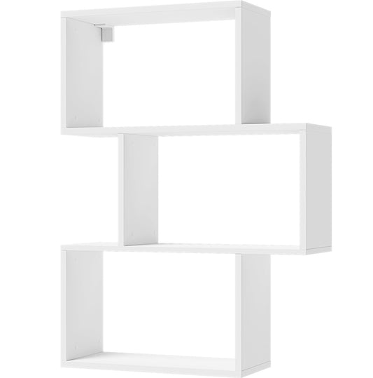 Regał Evertti w białym wykończeniu – nowoczesna, geometryczna forma z trzema asymetrycznie rozmieszczonymi półkami.