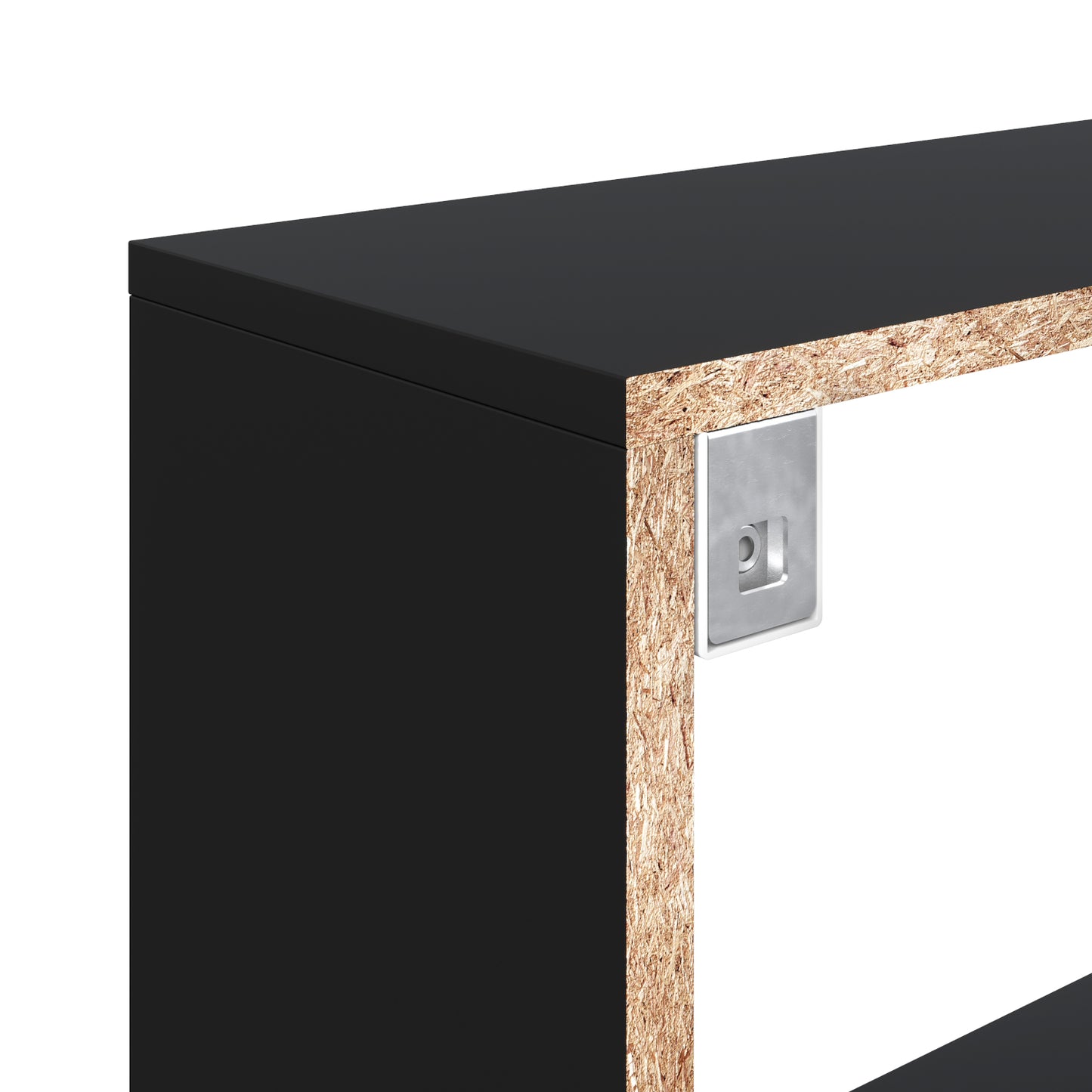 Zbliżenie na konstrukcję regału Evertti w kolorze czarnym – widoczna płyta wiórowa i metalowy wspornik wewnątrz elementu.