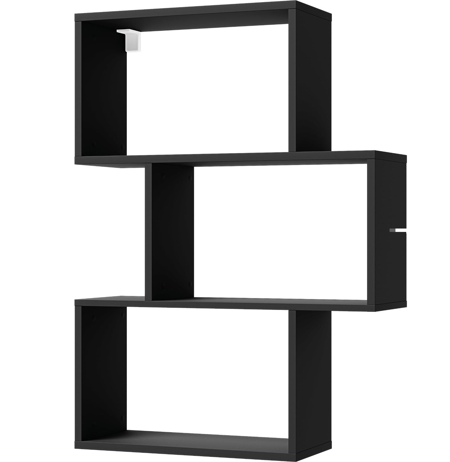 Czarny regał Evertti z trzema asymetrycznymi półkami, prosty i nowoczesny design, wykonany z płyty meblowej, widok na wprost.