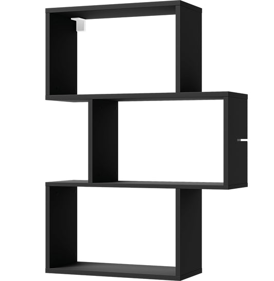 Czarny regał Evertti z trzema asymetrycznymi półkami, prosty i nowoczesny design, wykonany z płyty meblowej, widok na wprost.