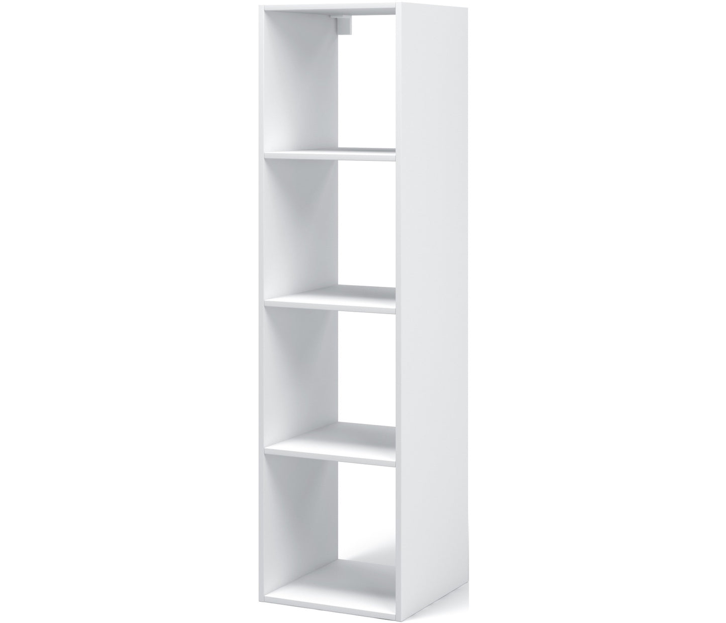 Regał Figgi w kolorze białym, wysoki i wąski, z czterema otwartymi półkami – minimalistyczna forma i uniwersalny design. 