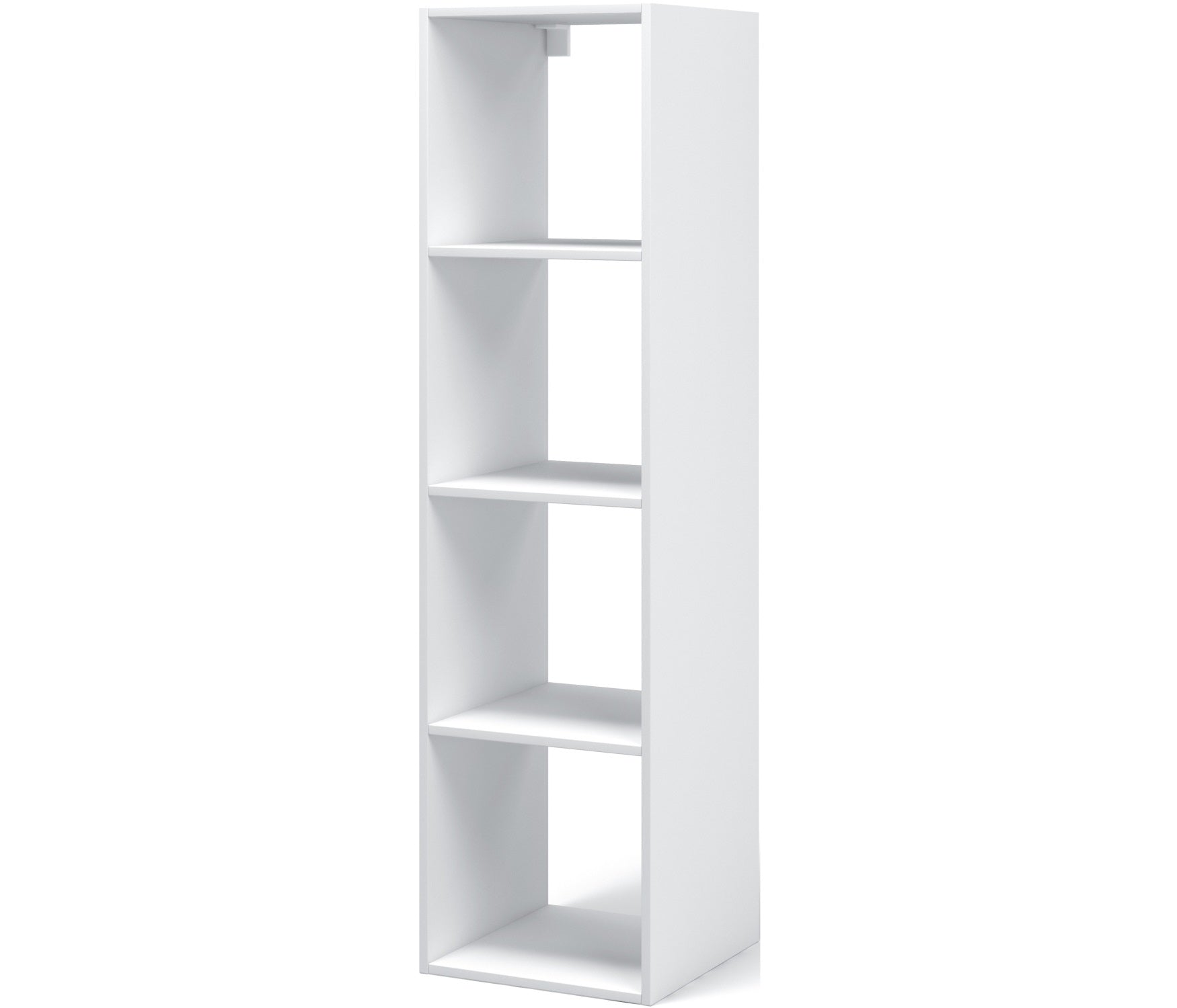 Regał Figgi w kolorze białym, wysoki i wąski, z czterema otwartymi półkami – minimalistyczna forma i uniwersalny design. 