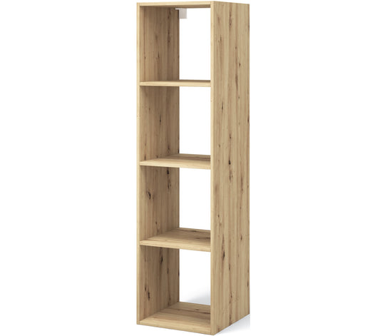 Wąski regał Figgi w dekorze dąb artisan z czterema półkami i widocznym metalowym uchwytem montażowym.