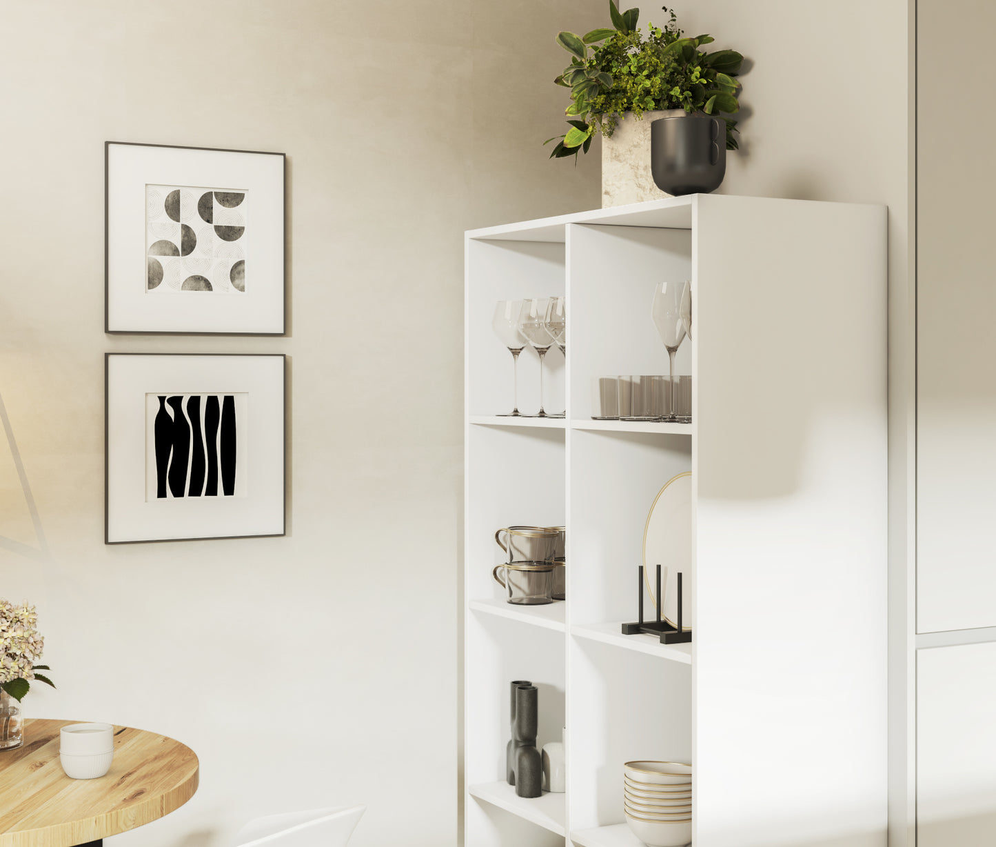 Biały regał Postto w nowoczesnej kuchni – praktyczne półki z kieliszkami, naczyniami i dekoracją, idealny do stylowego wnętrza.