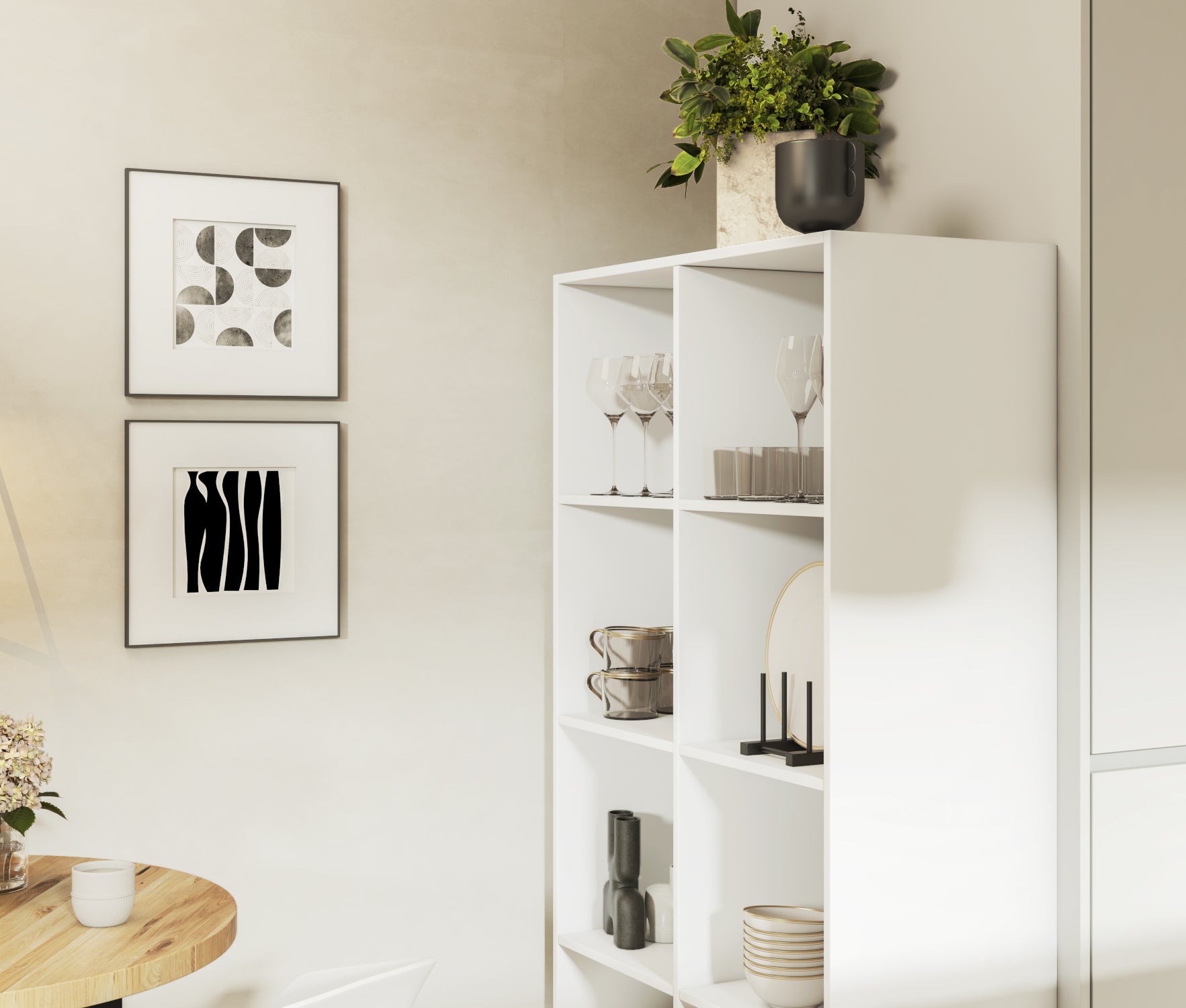 Biały regał Postto w nowoczesnej kuchni – praktyczne półki z kieliszkami, naczyniami i dekoracją, idealny do stylowego wnętrza.