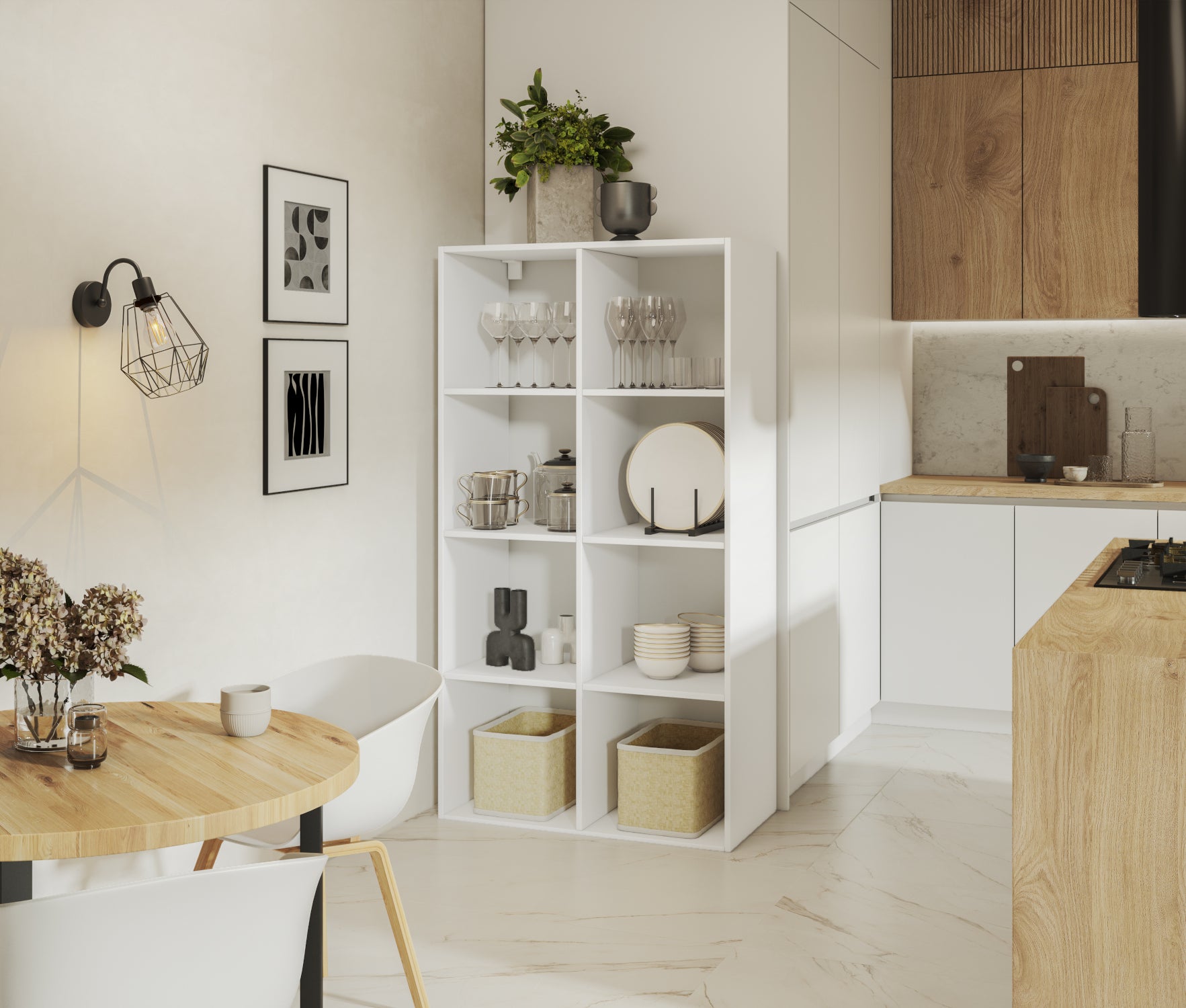 Nowoczesny biały regał Postto z ośmioma półkami – praktyczne rozwiązanie do kuchni lub jadalni w stylu skandynawskim i minimalistycznym.