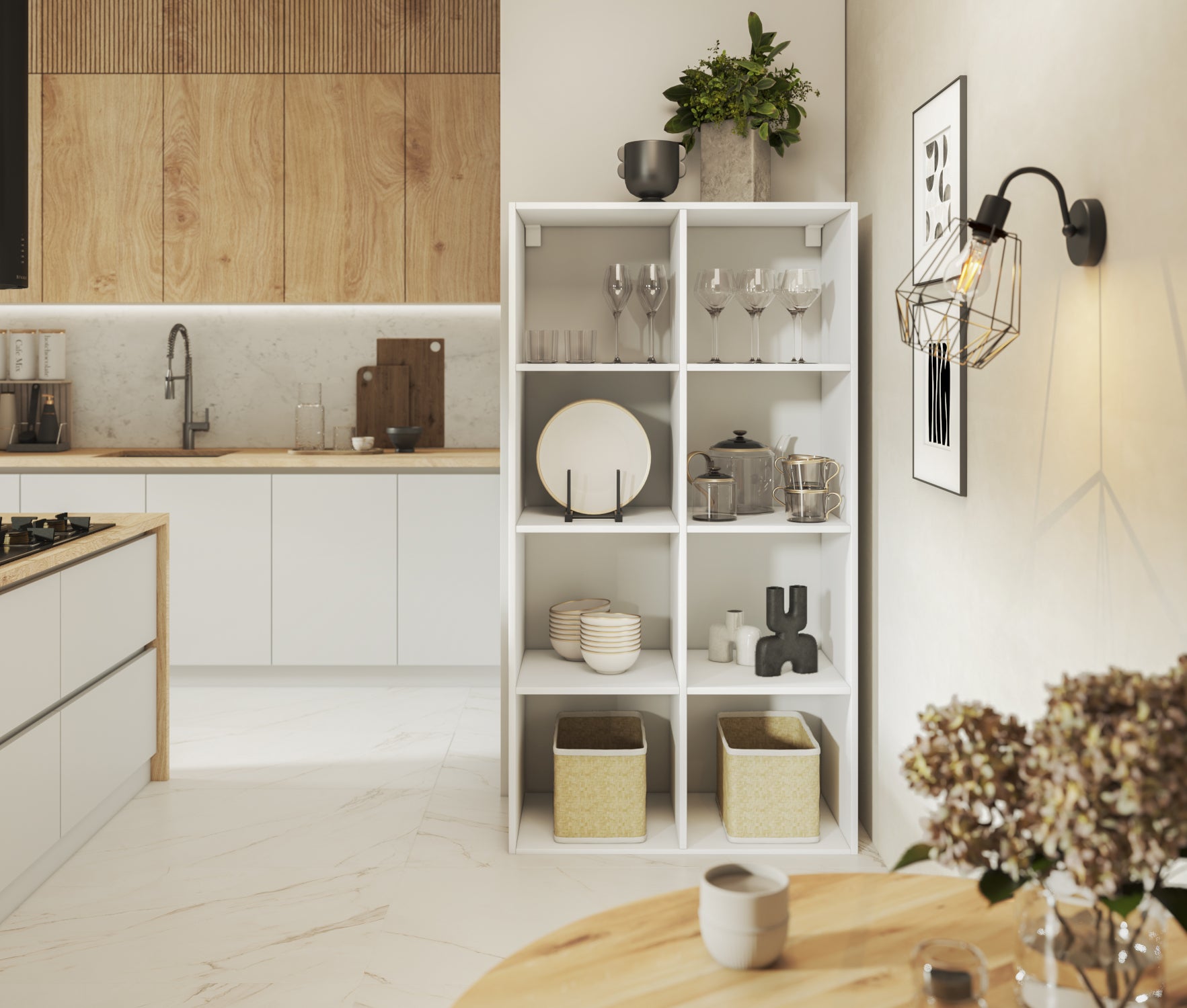 Regał Postto w kolorze białym z dekoracją w kuchni – 8 półek idealnych na szkło, zastawę i dodatki w nowoczesnym wnętrzu.