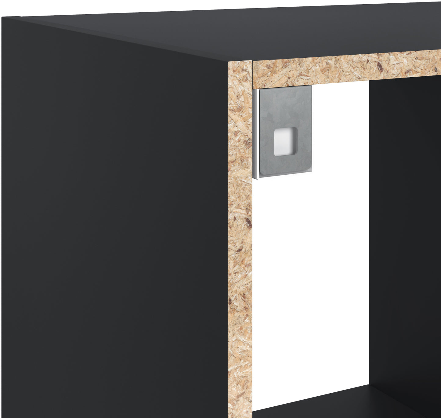 Czarny regał Postto z widocznym okuciem montażowym i surową krawędzią płyty – solidna konstrukcja i nowoczesna stylistyka.