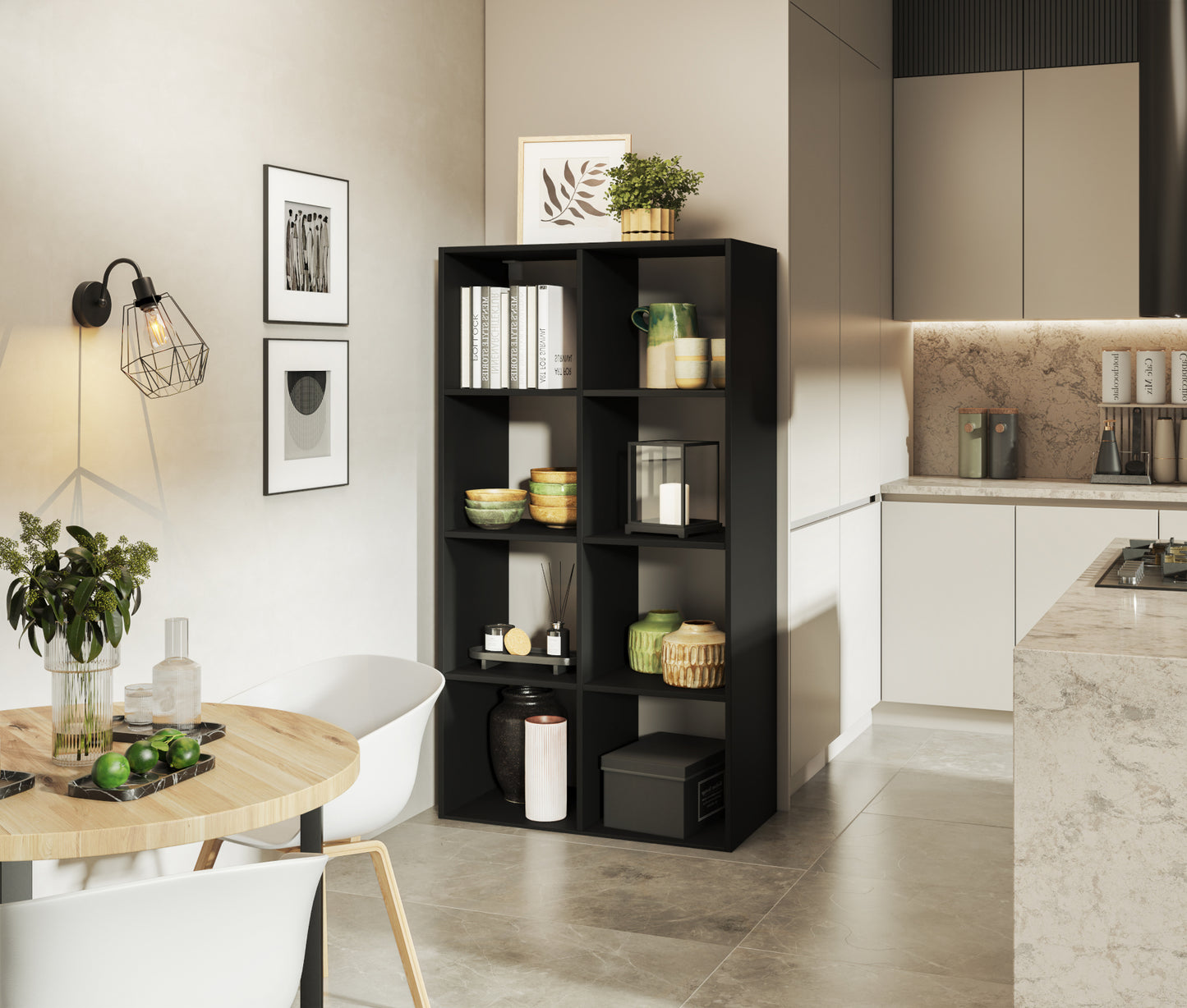 Czarny regał Postto w industrialnym stylu – praktyczne i stylowe miejsce na książki, dekoracje i akcesoria w nowoczesnej kuchni.