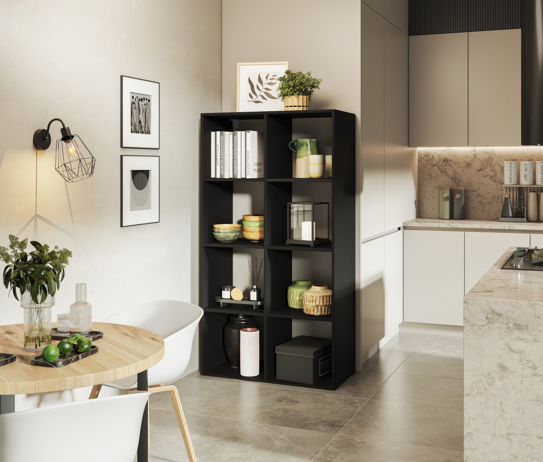 Czarny regał Postto w industrialnym stylu – praktyczne i stylowe miejsce na książki, dekoracje i akcesoria w nowoczesnej kuchni.