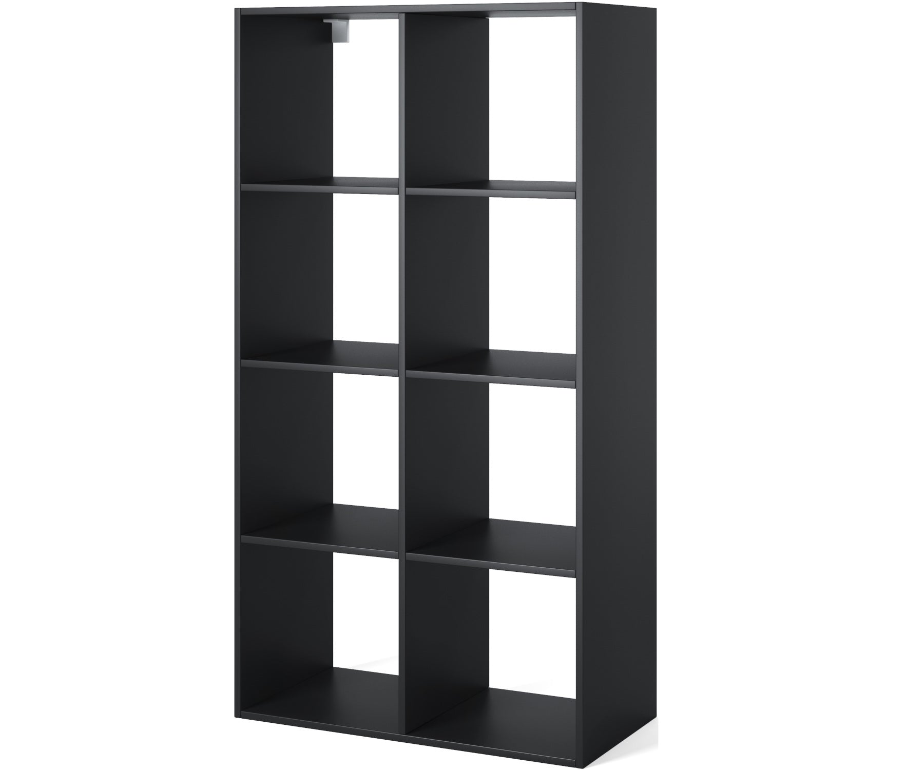 Czarny regał Postto z ośmioma wnękami – nowoczesna i funkcjonalna forma przechowywania idealna do salonu, biura lub domowego gabinetu.