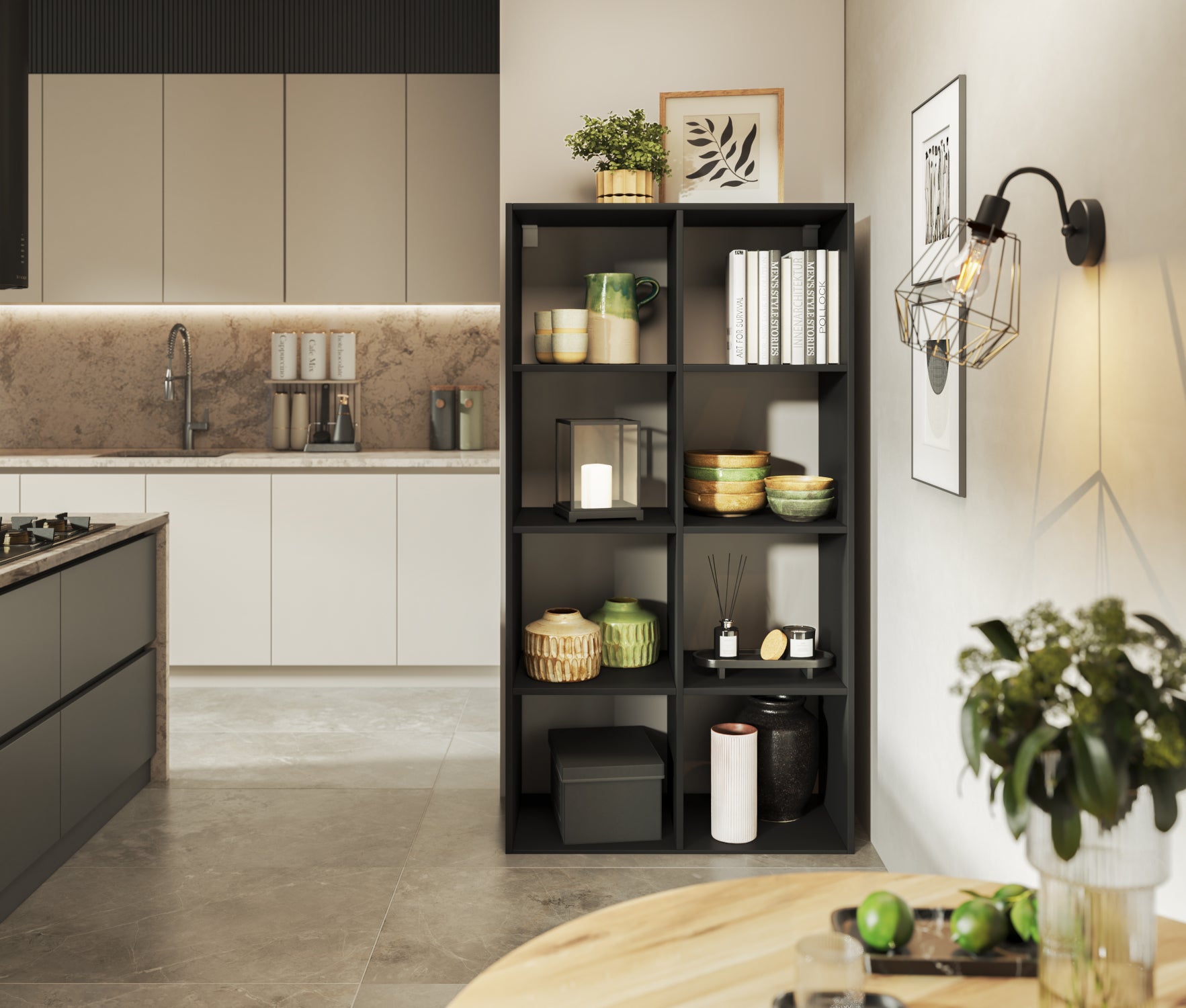 Czarny regał Postto w eleganckiej kuchni – stylowe przechowywanie książek i dekoracji w nowoczesnym, funkcjonalnym wnętrzu.