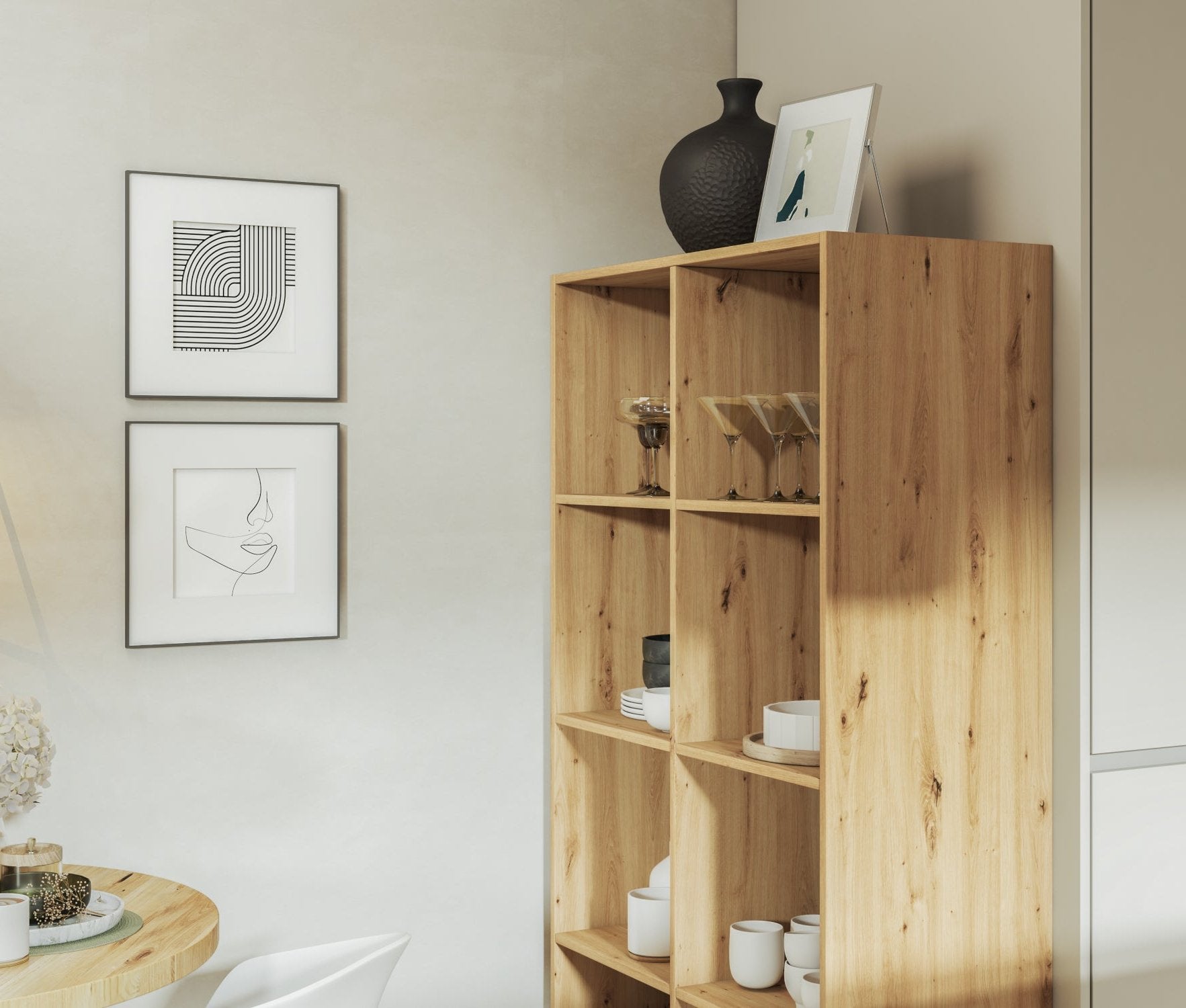Regał Postto w dekorze dąb artisan idealnie wkomponowany w nowoczesną kuchnię, eksponujący szkło i ceramikę na otwartych półkach.