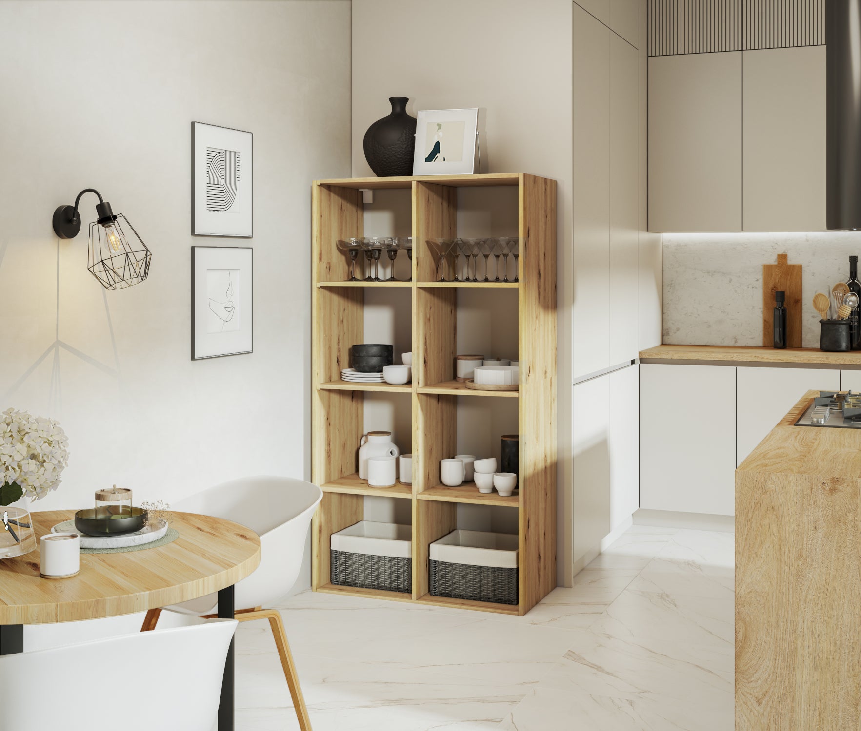 Regał Postto dąb artisan w aranżacji kuchennej – pojemny, nowoczesny mebel z 8 wnękami do przechowywania i eksponowania.