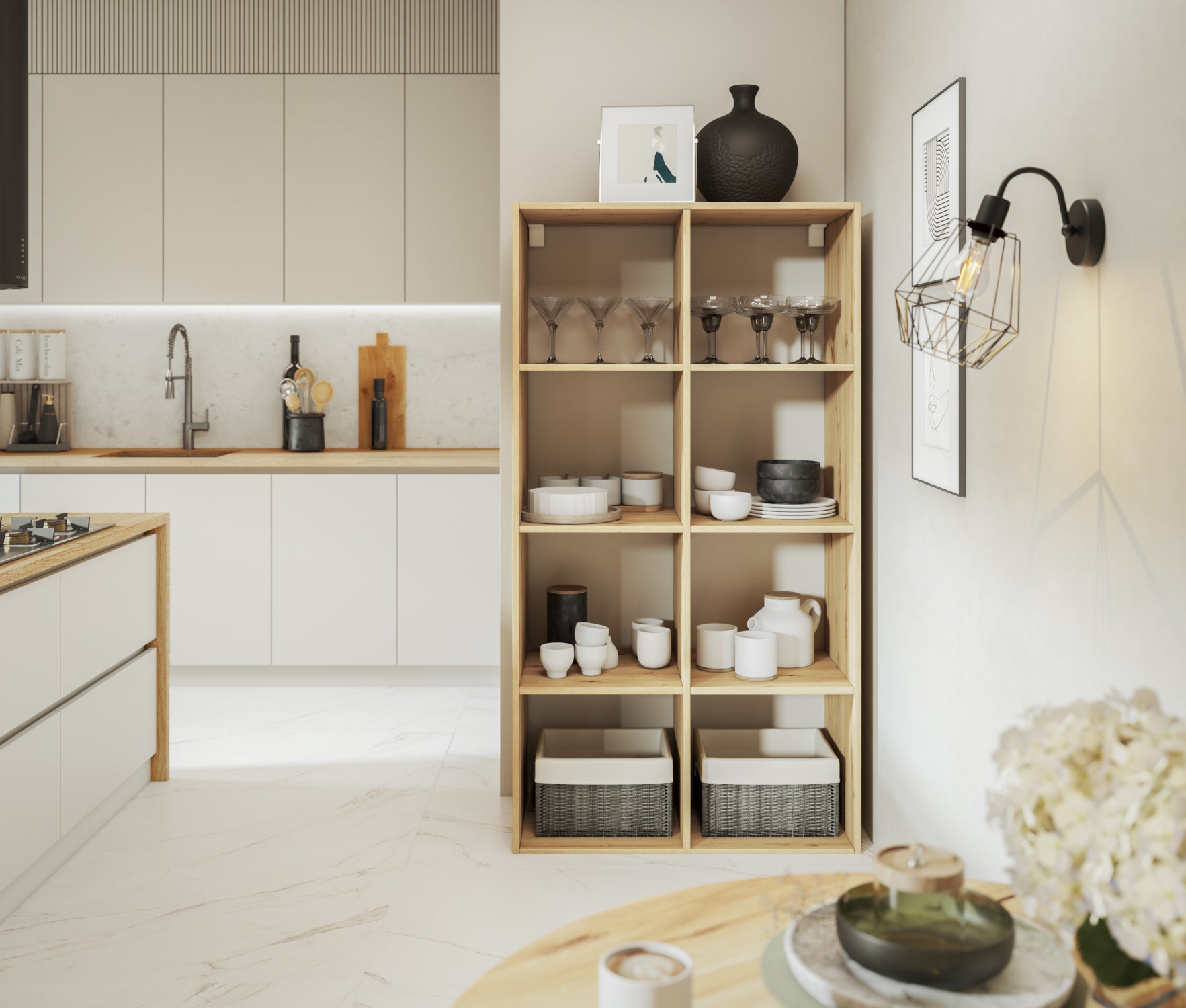 Stylowy regał Postto dąb artisan w nowoczesnej kuchni – 8 półek do ekspozycji szkła, ceramiki i koszyków do przechowywania.