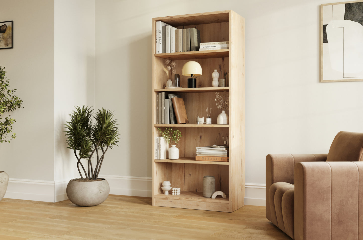Regał Seilf w dekorze dąb artisan idealnie ociepla wnętrze i eksponuje dekoracje, zapewniając funkcjonalność i styl. 