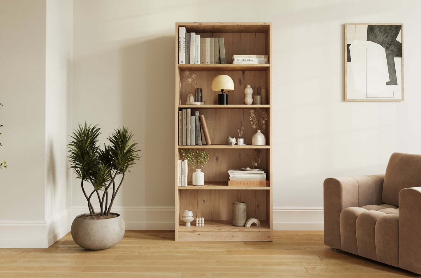 Regał Seilf w kolorze dąb artisan to połączenie praktyczności z ciepłem drewna – idealny do przechowywania i dekoracji.