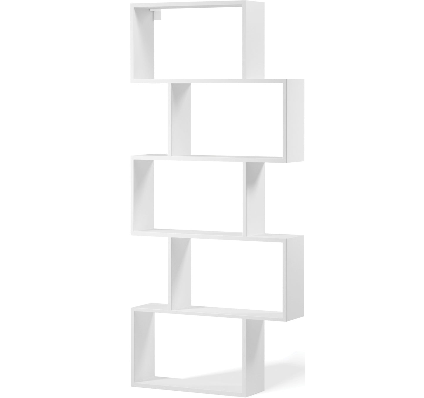Regał Shellf w kolorze białym, o nowoczesnej, asymetrycznej konstrukcji z pięcioma otwartymi półkami w układzie schodkowym.