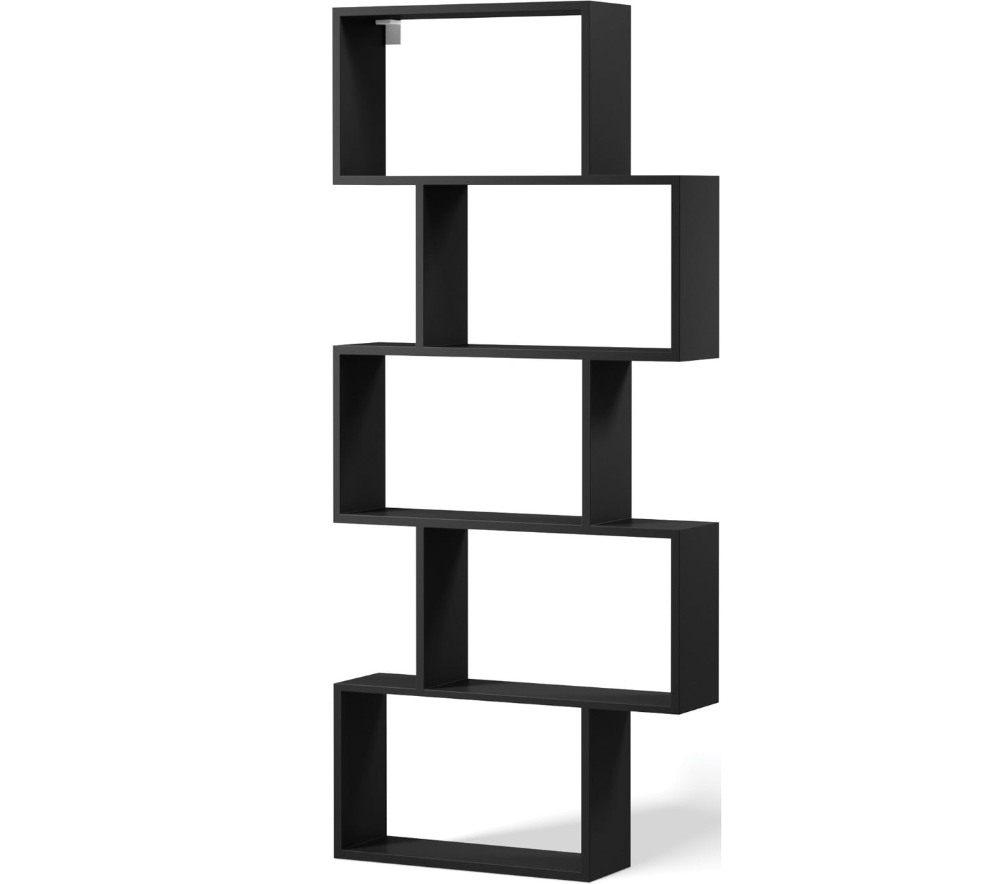 Regał Shellf w kolorze czarnym o nowoczesnej, asymetrycznej konstrukcji z pięcioma otwartymi wnękami na książki i dekoracje.