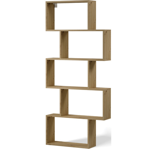 Wysoki regał Shellf w kolorze dąb artisan o pięciu przesuniętych modułach, z widocznym metalowym wspornikiem montażowym u góry.