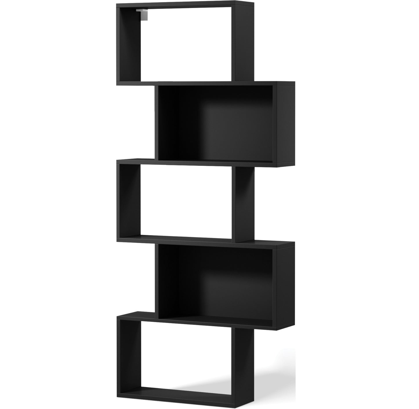 Czarny regał Sottis o asymetrycznej konstrukcji z pięcioma półkami – nowoczesny design i eleganckie, matowe wykończenie.