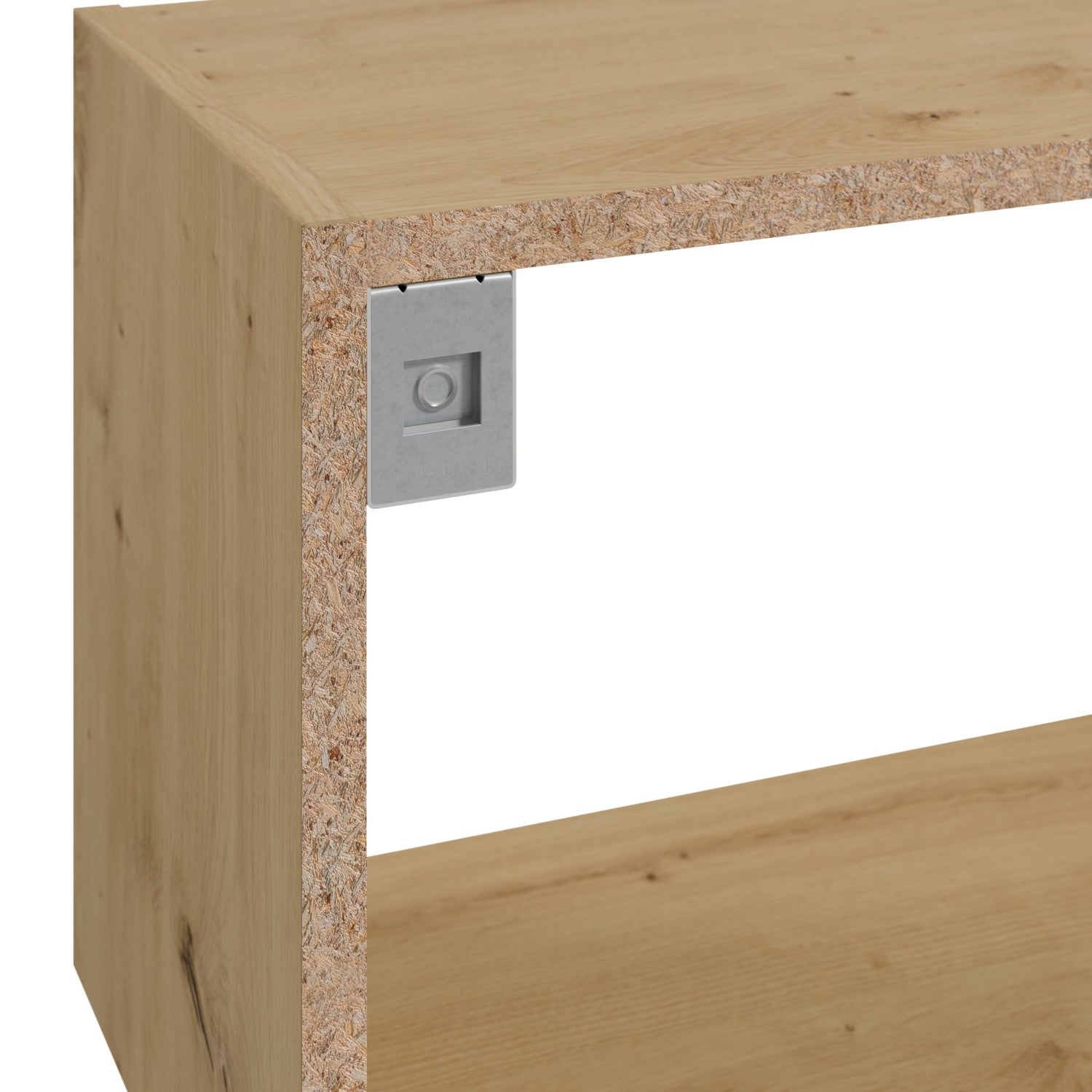 Zbliżenie na narożnik regału Sottis dąb artisan z widoczną strukturą płyty wiórowej i metalowym mocowaniem wewnętrznym. 