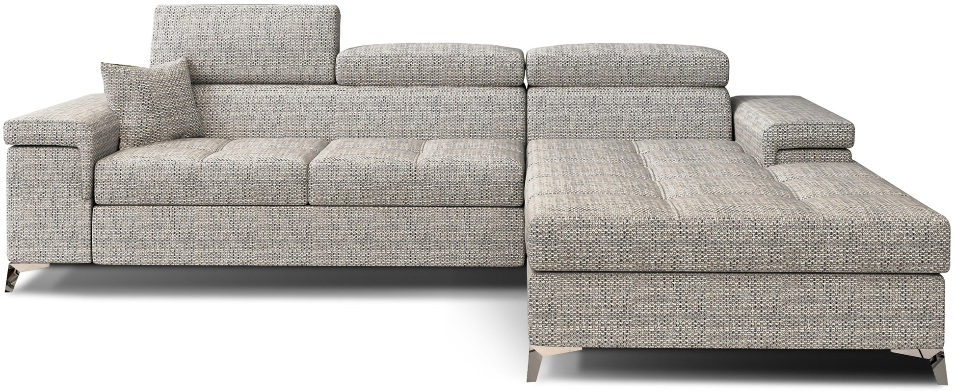Narożnik Ricardo w tkaninie Berlin 01 szary, układ prawy – widok z przodu – nowoczesna sofa narożna w kształcie litery L z szezlongiem po prawej stronie i regulowanymi zagłówkami.