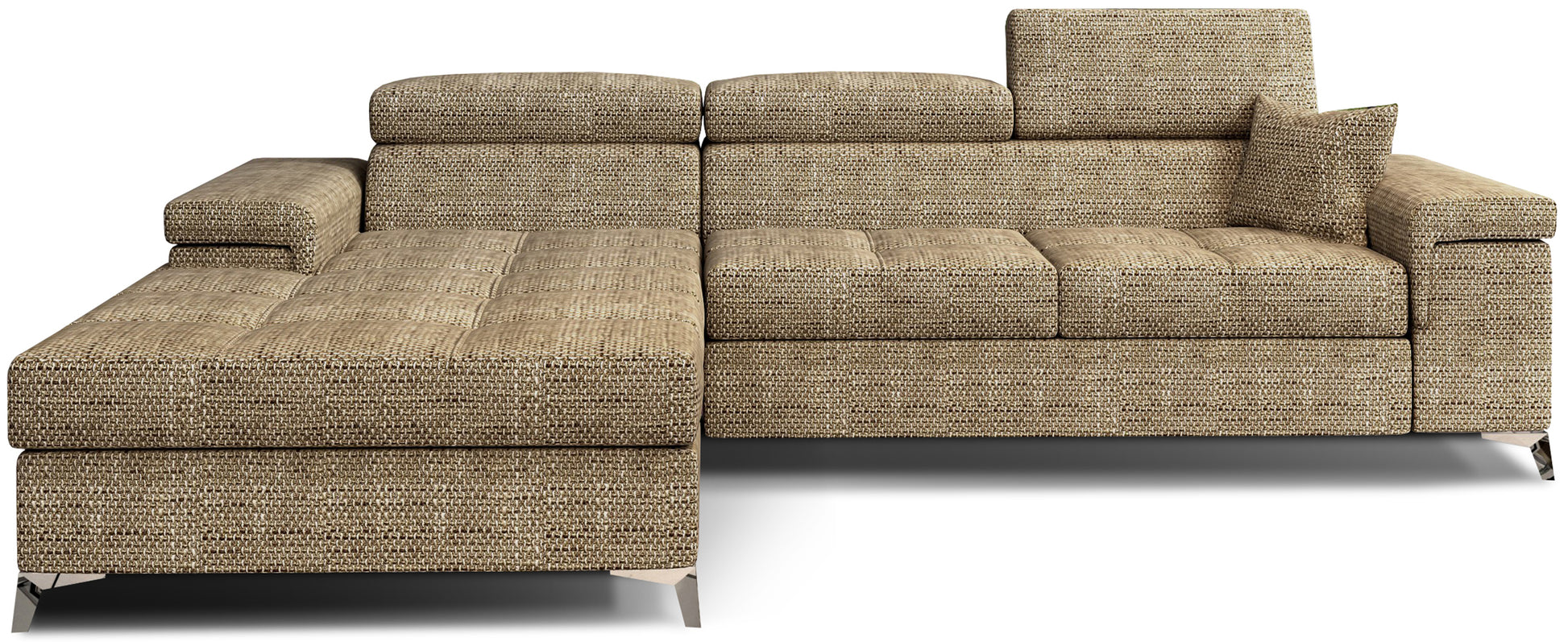 Narożnik Ricardo w układzie lewym, tapicerowany tkaniną Berlin 03 ciemnobeżowy, z regulowanymi zagłówkami, szerokimi podłokietnikami i dużymi poduszkami oparciowymi, prezentowany na białym tle.