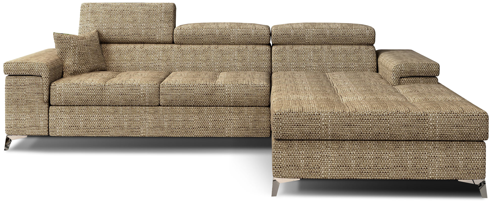 Narożnik Ricardo w tkaninie Berlin 03 ciemnobeżowy, układ prawy – widok z przodu – elegancka sofa narożna w kształcie litery L z szezlongiem po prawej stronie i regulowanymi zagłówkami.