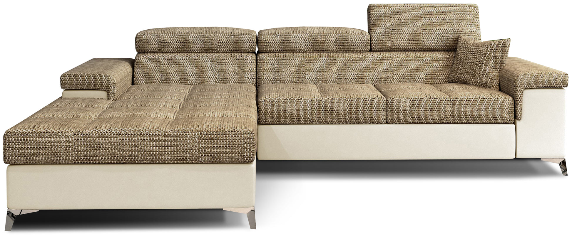 Narożnik Ricardo w układzie lewym, tapicerowany tkaniną Berlin 01 ciemnobeżowy z wykończeniem Soft 33 jasnobeżowy, z regulowanymi zagłówkami i szerokimi podłokietnikami, prezentowany na białym tle.