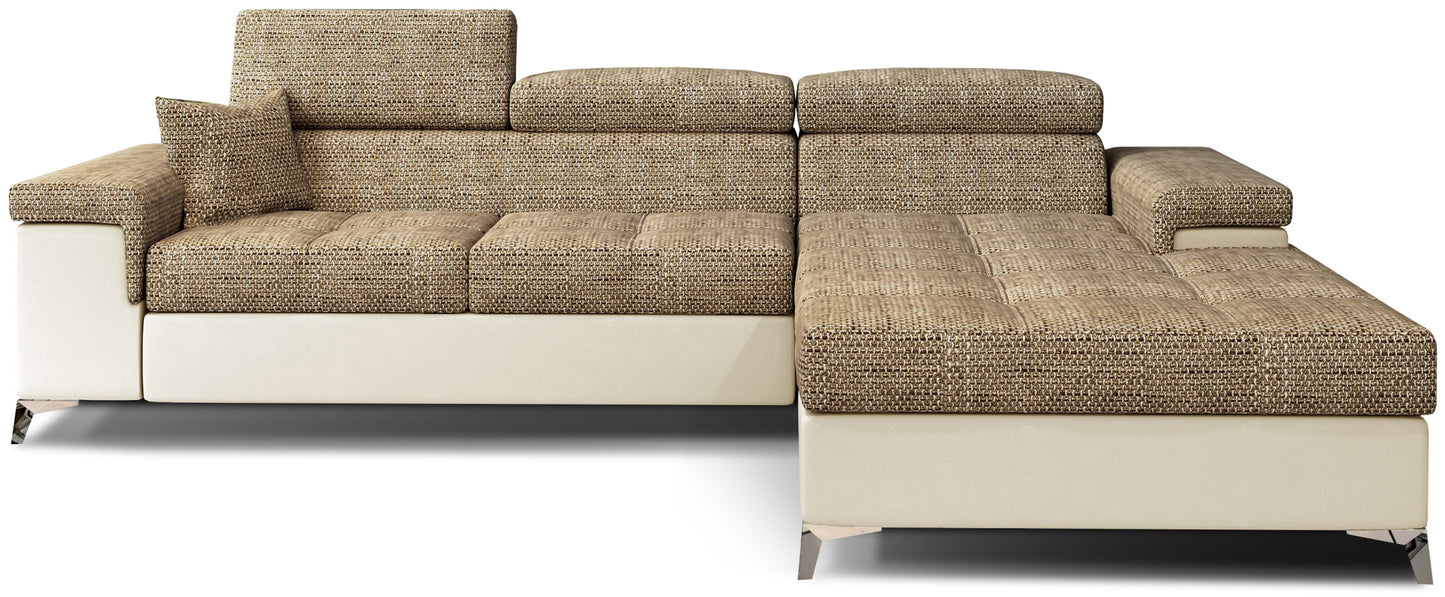 Narożnik Ricardo w tkaninie Berlin 03 ciemnobeżowy / Soft 33, układ prawy – widok z przodu – elegancka sofa narożna w kształcie litery L z szezlongiem po prawej stronie i regulowanymi zagłówkami.