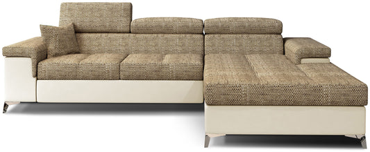 Narożnik Ricardo w tkaninie Berlin 03 ciemnobeżowy / Soft 33, układ prawy – widok z przodu – elegancka sofa narożna w kształcie litery L z szezlongiem po prawej stronie i regulowanymi zagłówkami.