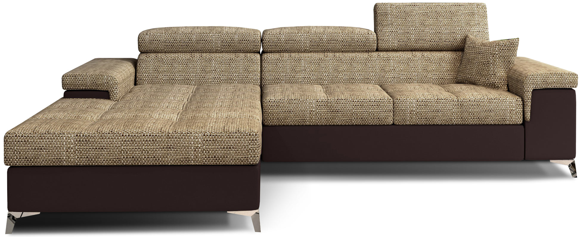 Narożnik Ricardo w układzie lewym, tapicerowany tkaniną Berlin 01 ciemnobeżowy z wykończeniem Soft 66 brązowy, wyposażony w regulowane zagłówki i szerokie podłokietniki, prezentowany na białym tle.